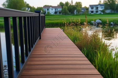 木甲板草池上方的桥背景