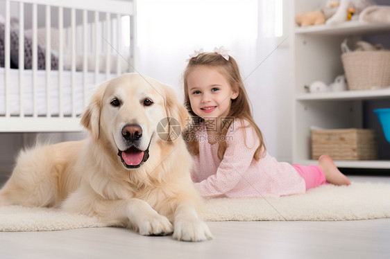 小女孩和金毛猎犬图片