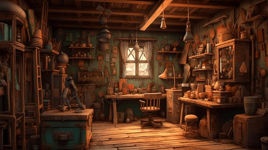 烘焙工作室堆满工具的木工房插画