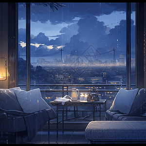 沙发茶几阳台城市夜景背景图片