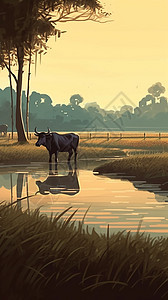 夕阳下的水牛背景图片