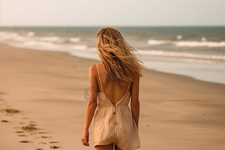 女人走在海滩上图片