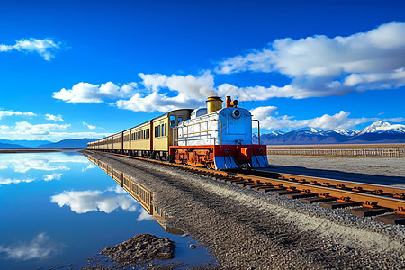 游客坐在小火车上欣赏茶卡盐湖背景图片
