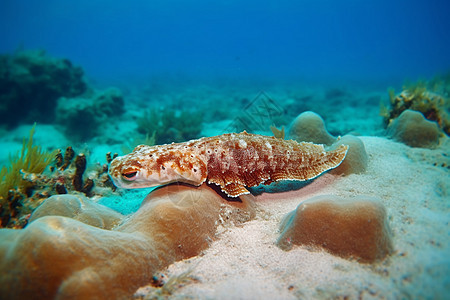一条长而大的鱼躺在珊瑚礁上图片