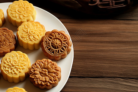 木制盘子上的中秋节月饼图片
