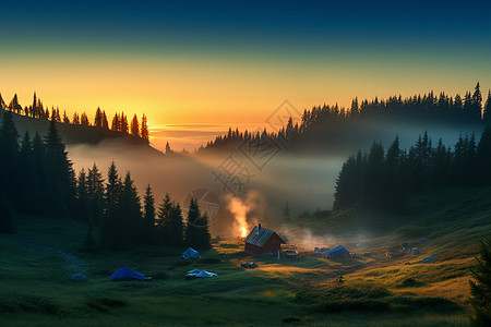 野外帐篷野外露营的帐篷和篝火背景