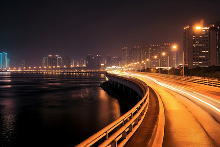 晚上城市里的大桥的景观图片