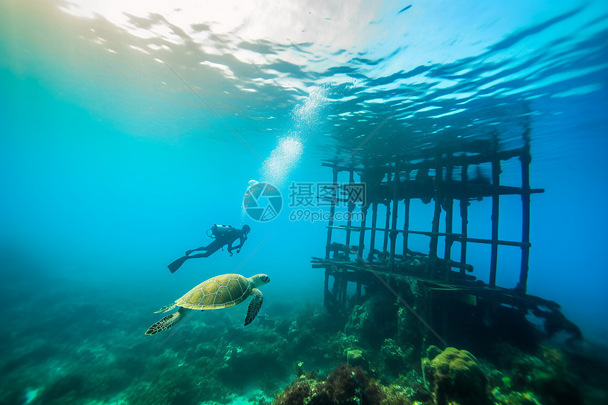 在海底潜水员和海龟一起游向了木架子图片