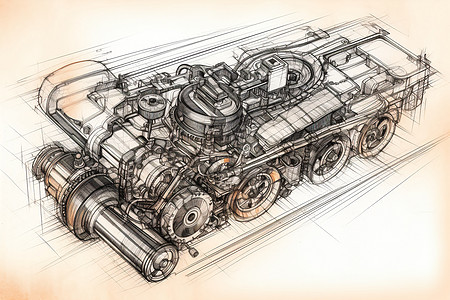 汽车装置汽车发动机草图插画