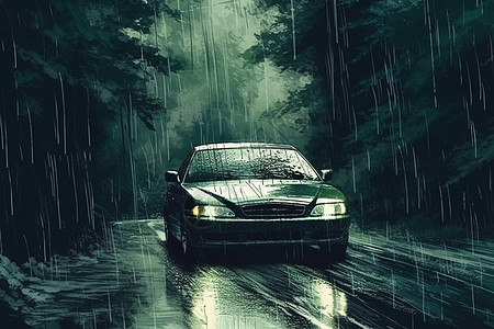 下雨湿滑山路上的汽车插画图片