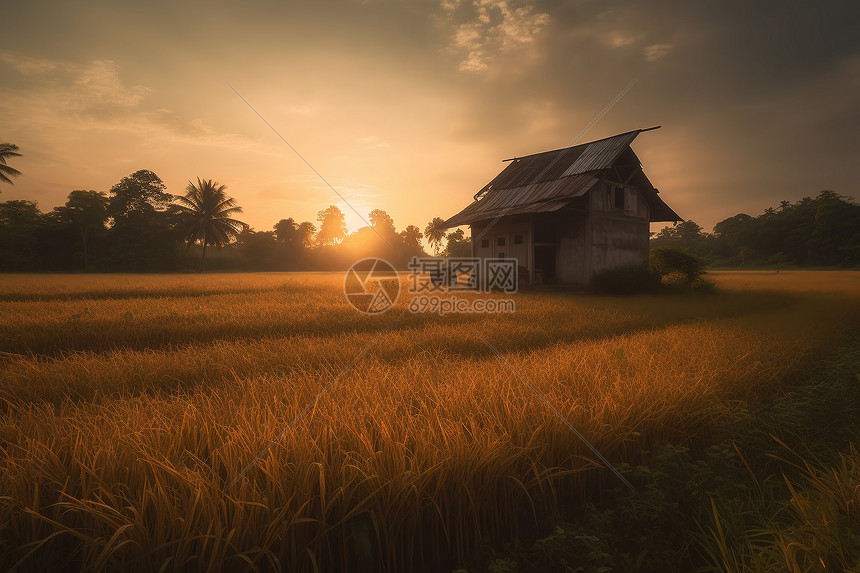 金色日落稻田里的米仓图片