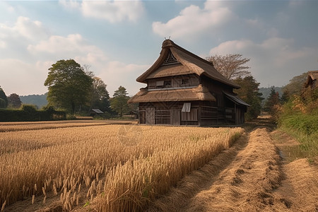 田野里茅草屋农舍田园风光图片