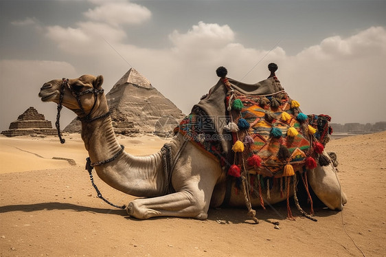 沙漠骆驼背后的大金字塔图片