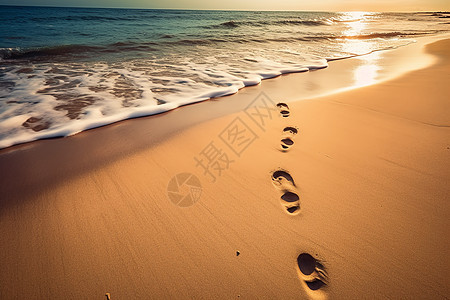 清晨时沙滩上的脚印背景图片
