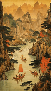 绘画中式美丽山水画背景图片