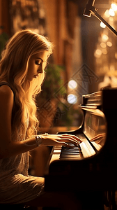 弹钢琴的美丽小女孩背景图片