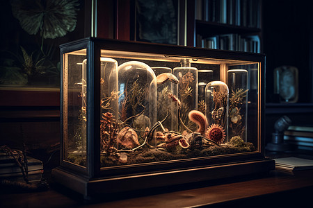 植物标本馆玻璃盒内的稀有的标本设计图片