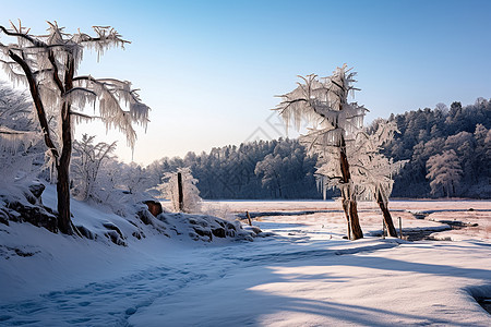 寒冷冬天树木上的积雪图片
