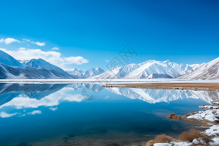 蓝天下的湖水蓝天下的雪山湖泊背景