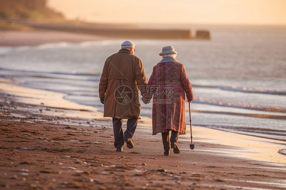 海边牵手散步的老人图片