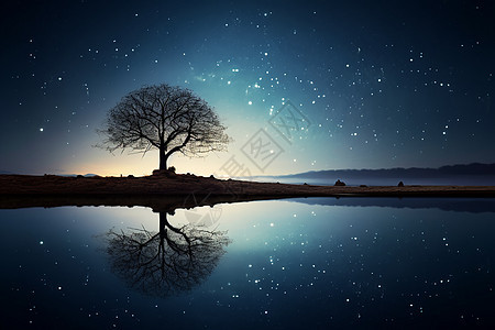 星空下湖水和树木倒影图片