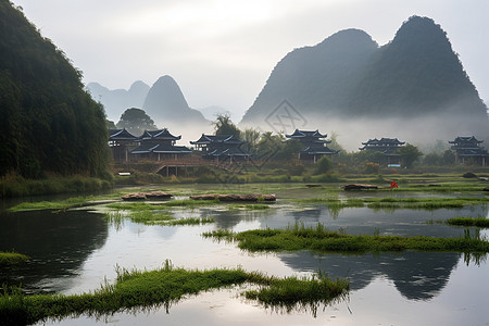 水上绿植和水边乡村风光图片