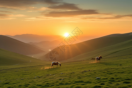 阳光下草原上的马图片