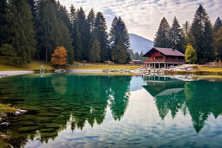 山脚下湖边住宅背景图片