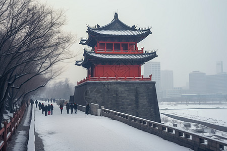 中国城墙白雪覆盖城楼背景