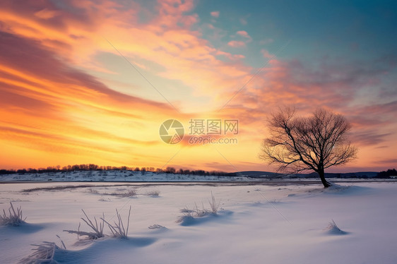 冬天，在大坝上的风景，日落，树木，白云，草原，蓝色，高清图片