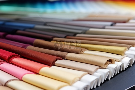 叠放着不同颜色的织布样品图片