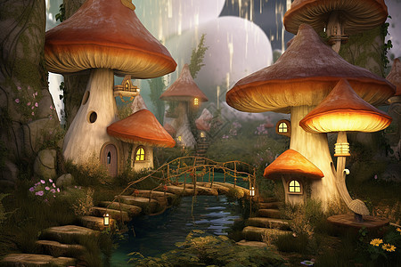 带有蘑菇屋和桥梁的魔术精灵小镇图片