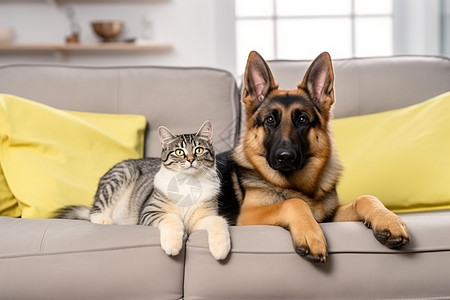 沙发上的猫和狗图片