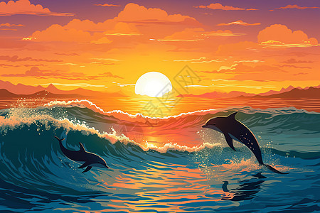 嬉戏的海豚插画背景图片