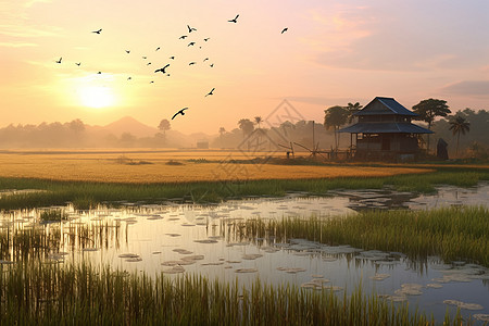 黎明时分稻田的风景如画图片