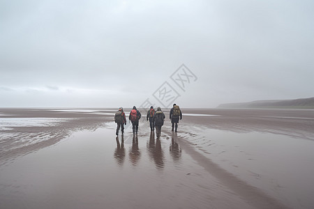 冬天一群背包客游客在沙滩上赶海图片