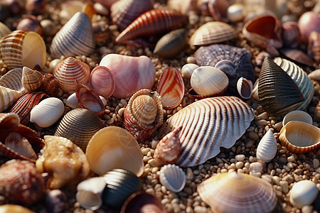 海边成堆的独特外壳纹理的贝壳光与影图片