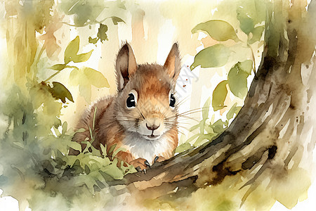 森林松鼠水彩插画图片