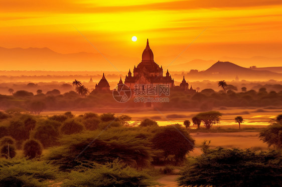 美丽的日落远方东南亚风情城堡图片