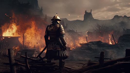 游戏战火废墟中的古代战士设计图片