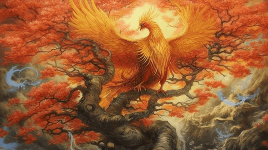 站在梧桐树上的火凤凰图片素材