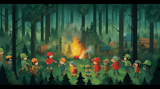 在树林里野营的孩子们背景图片