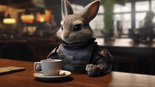 黑兔士兵在咖啡店喝咖啡图片