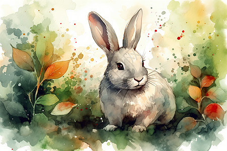 植物中的水彩兔子图片