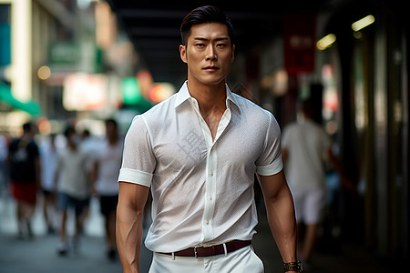 城市街道上身穿短袖衬衫的男人图片