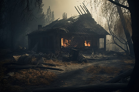 烧焦的树木和房屋图片