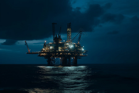 晚上的海洋中石油钻井平台图片