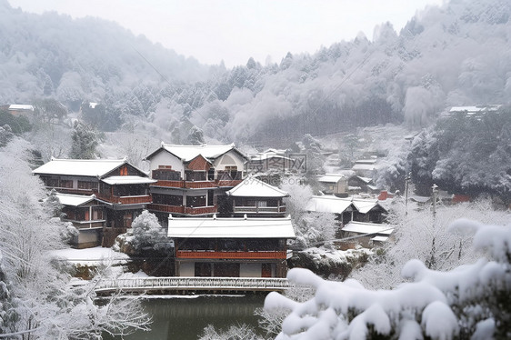 下雪时的乡村房屋图片