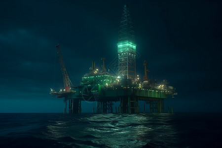 夜晚海洋中的工作钻机图片