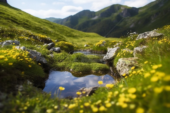 夏季山中流淌的山泉水图片